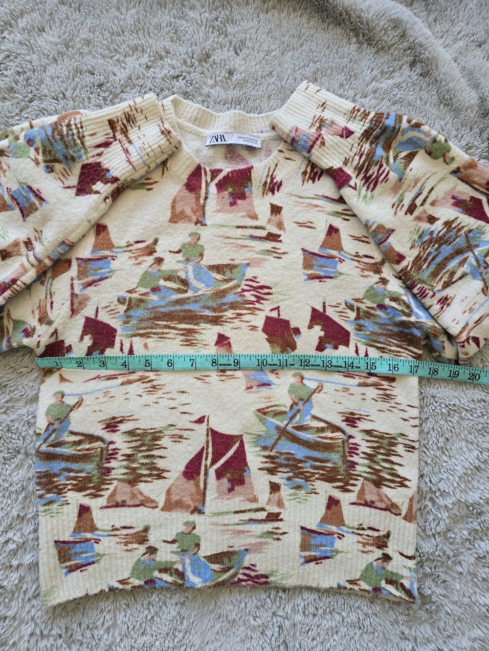 Zara Sailor Soft Feel Oversized Cream Crewneck Sweater Landscape Print - SZ Med - Picture 5 of 9